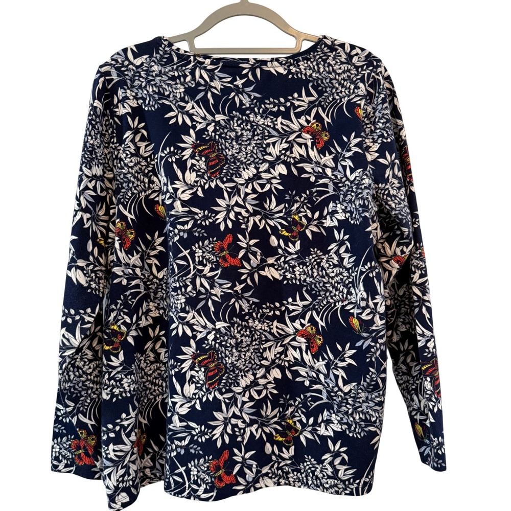 Talbots Navy Butterfly Botanical Long Sleeve Jersey Knit Top Large 95% Cotton - Picture 2 of 7